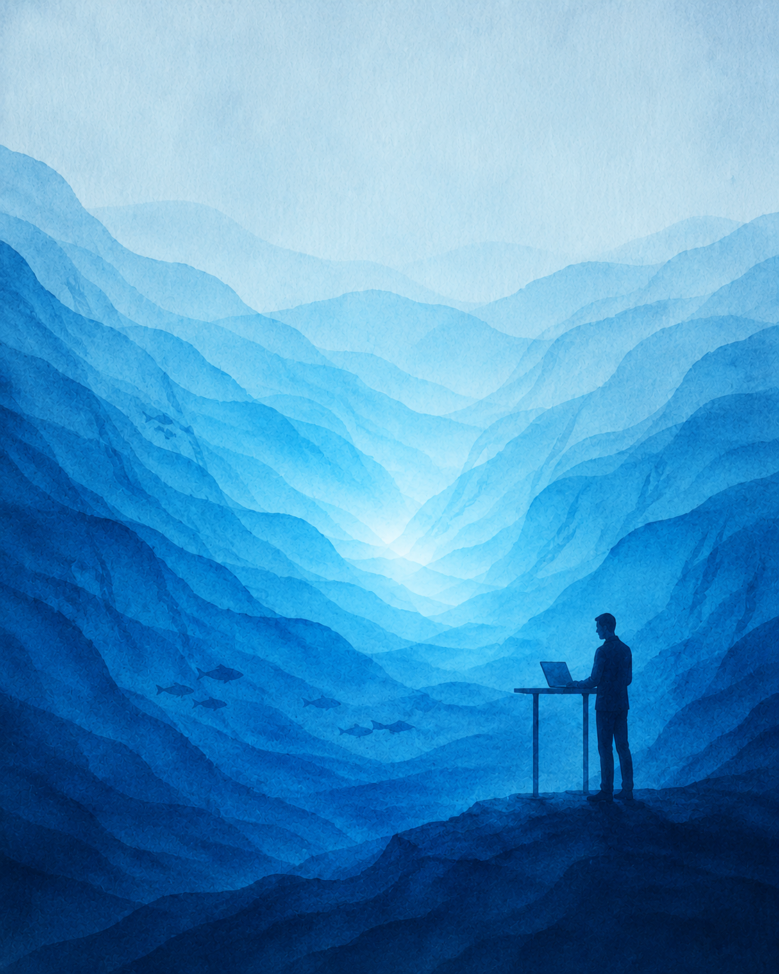 A lone analyst at a standing desk overlooking layered blue ridges that recede toward a glowing horizon