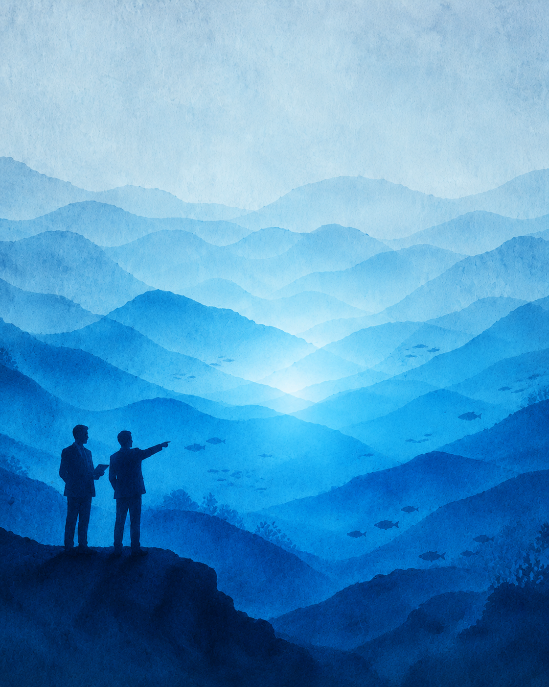 Two consultants on a ridge, one pointing toward a glowing gap between layered blue ridges