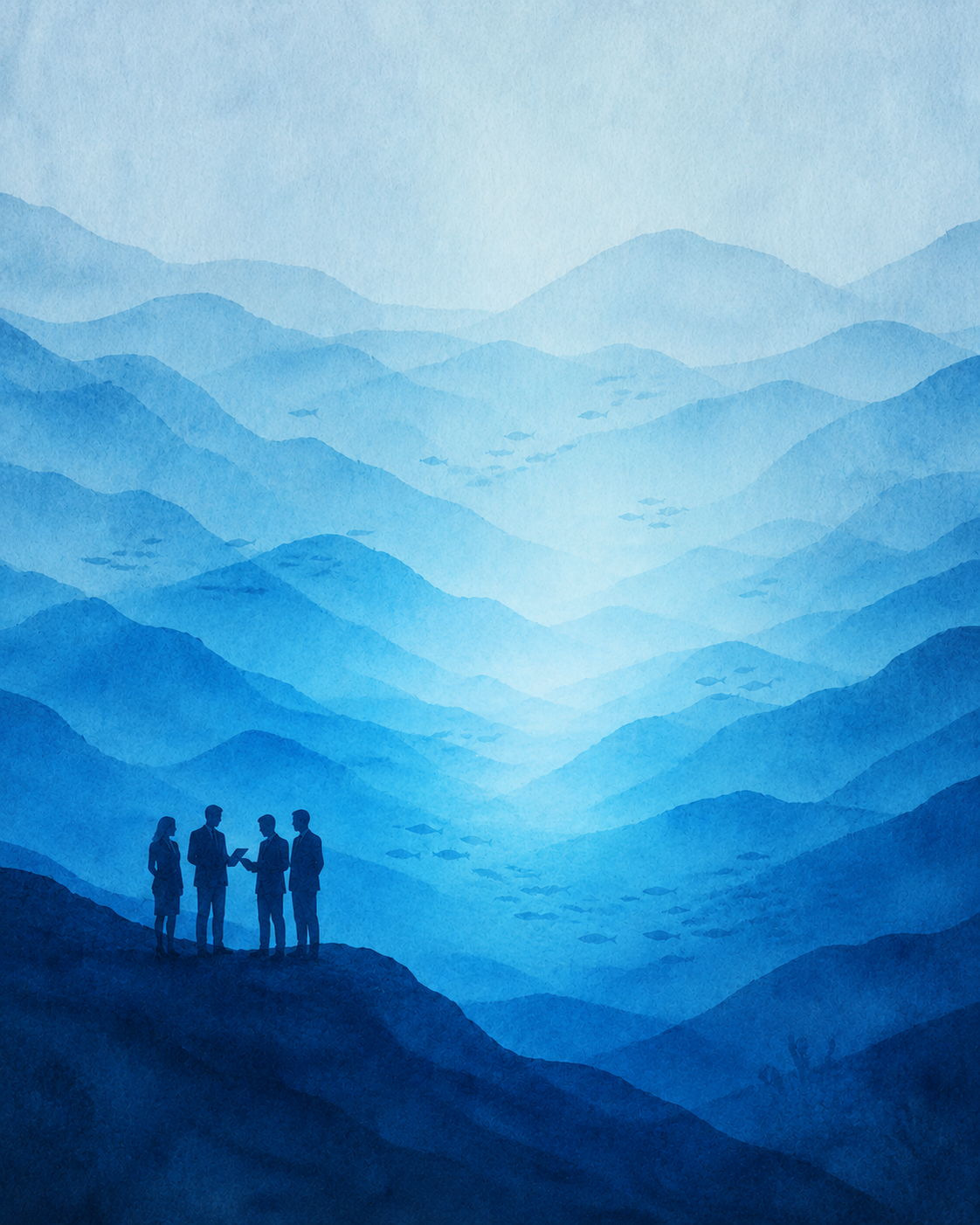 Four consultants standing together on a ridge, reviewing a document above layered blue ridges