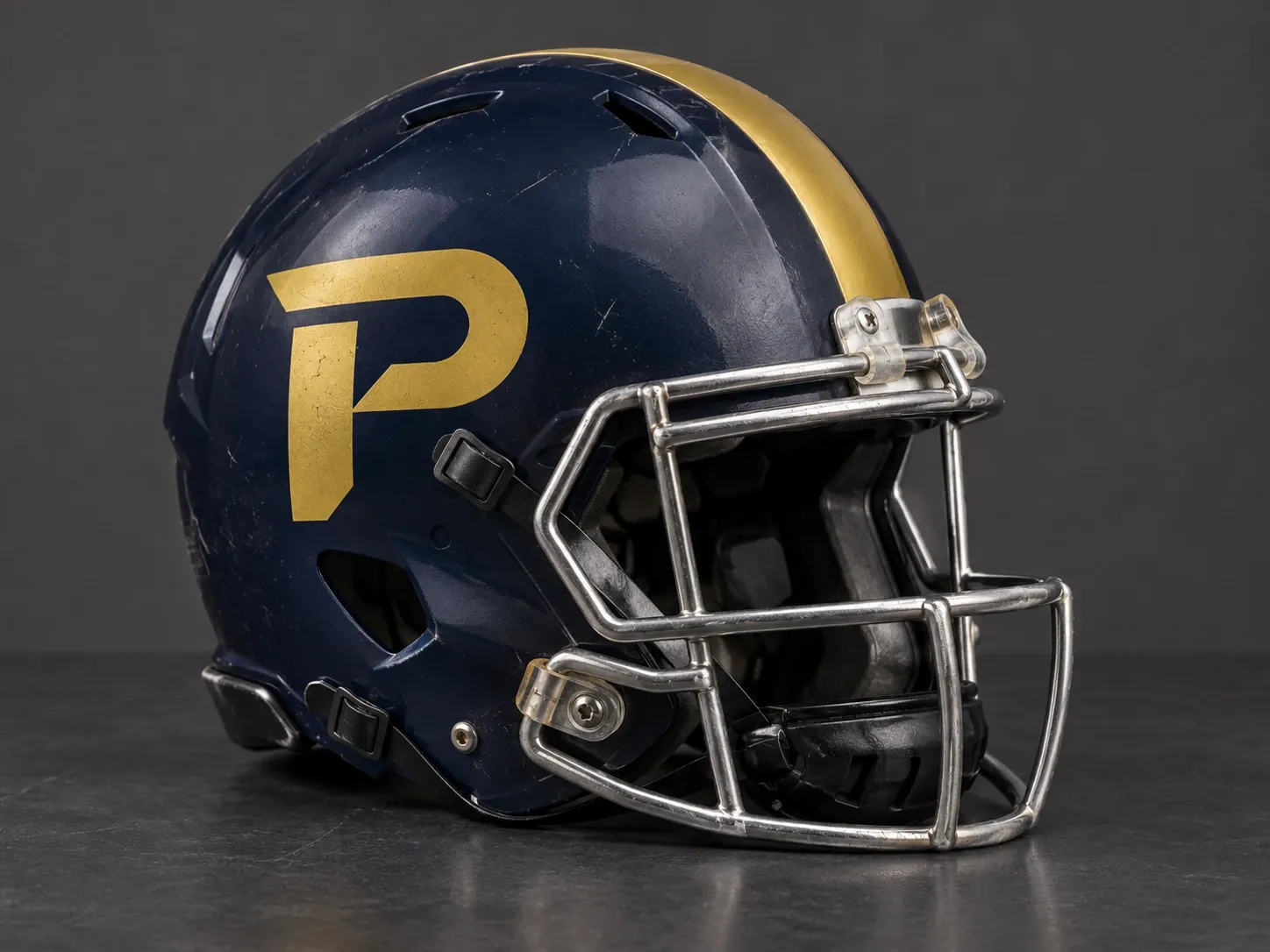 A navy Ironclads football helmet with a gold P decal and chrome facemask.