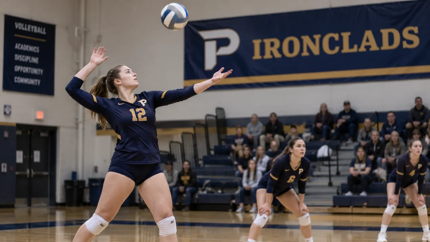 A volleyball player in a navy Ironclads jersey serving during a match.