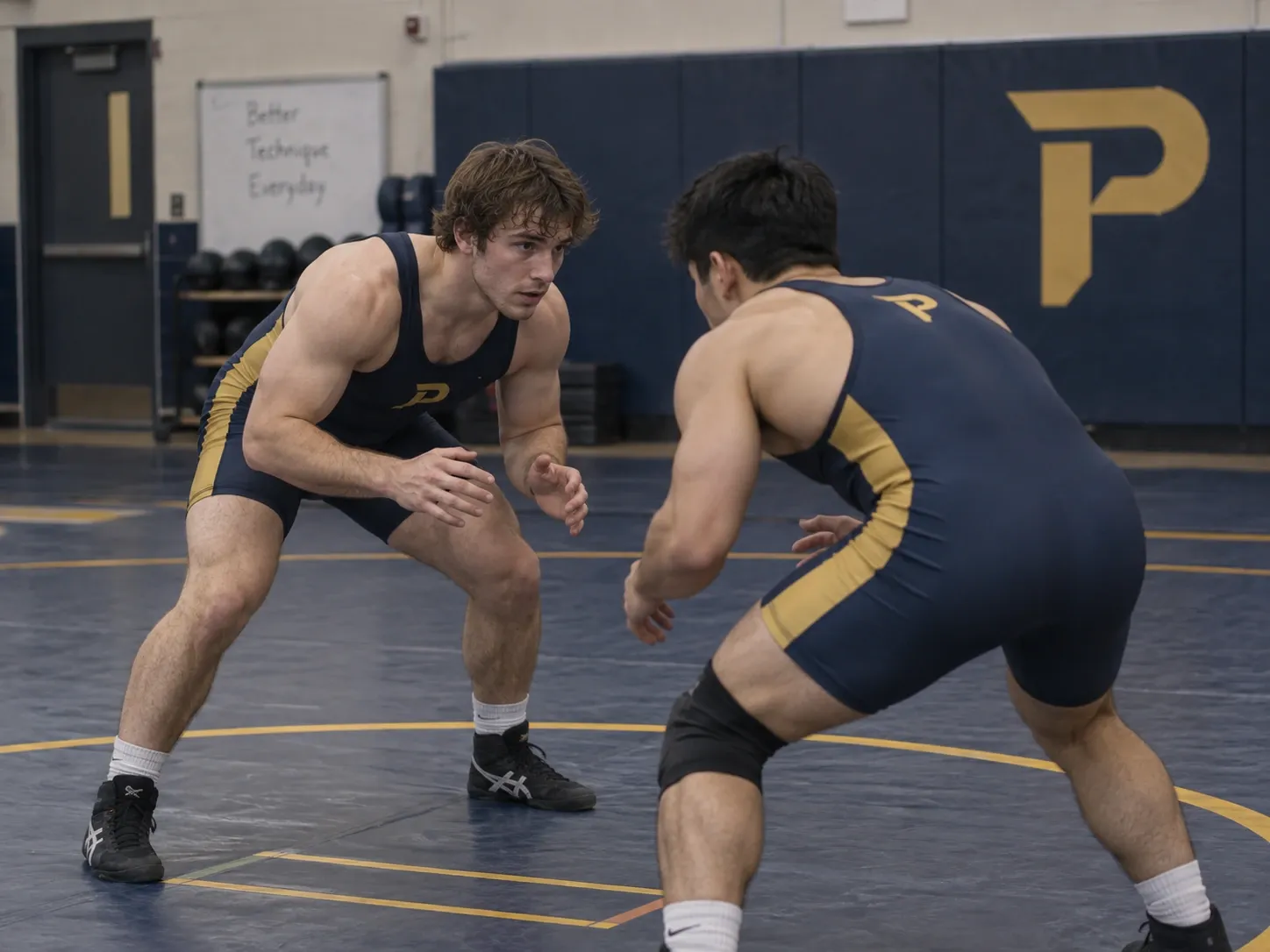 Two wrestlers in navy Ironclads singlets facing off during practice.