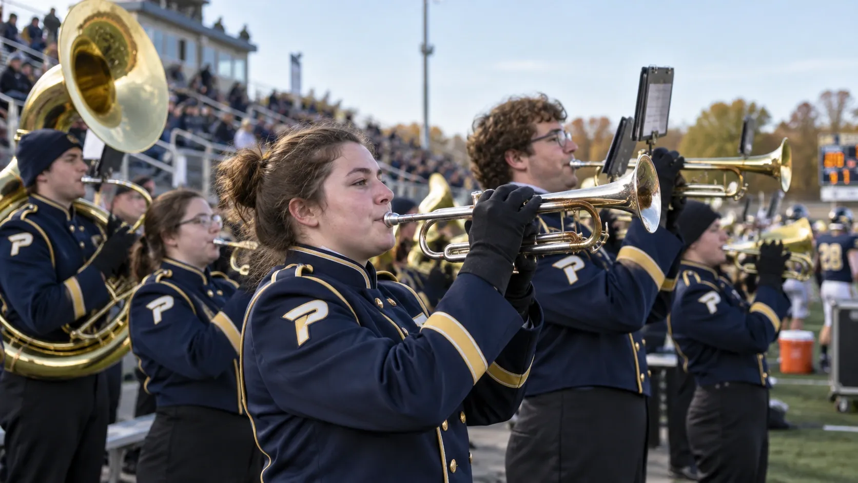 The pep band performing on the sideline during a home game.