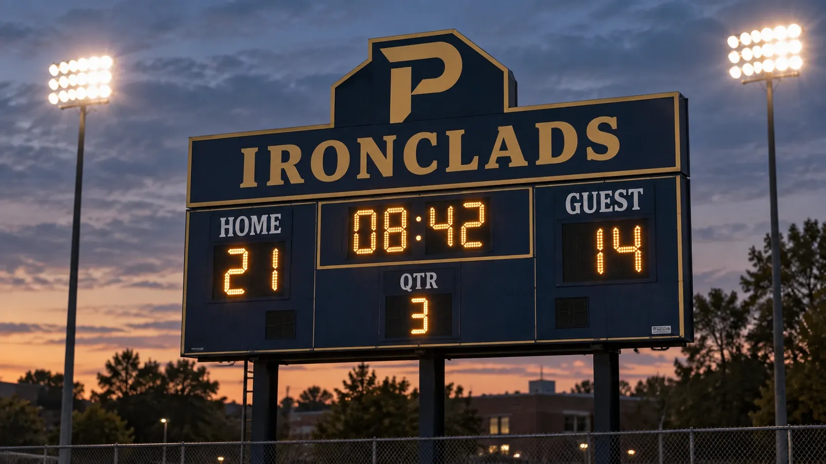 The Ironclads scoreboard lit up during a home game.