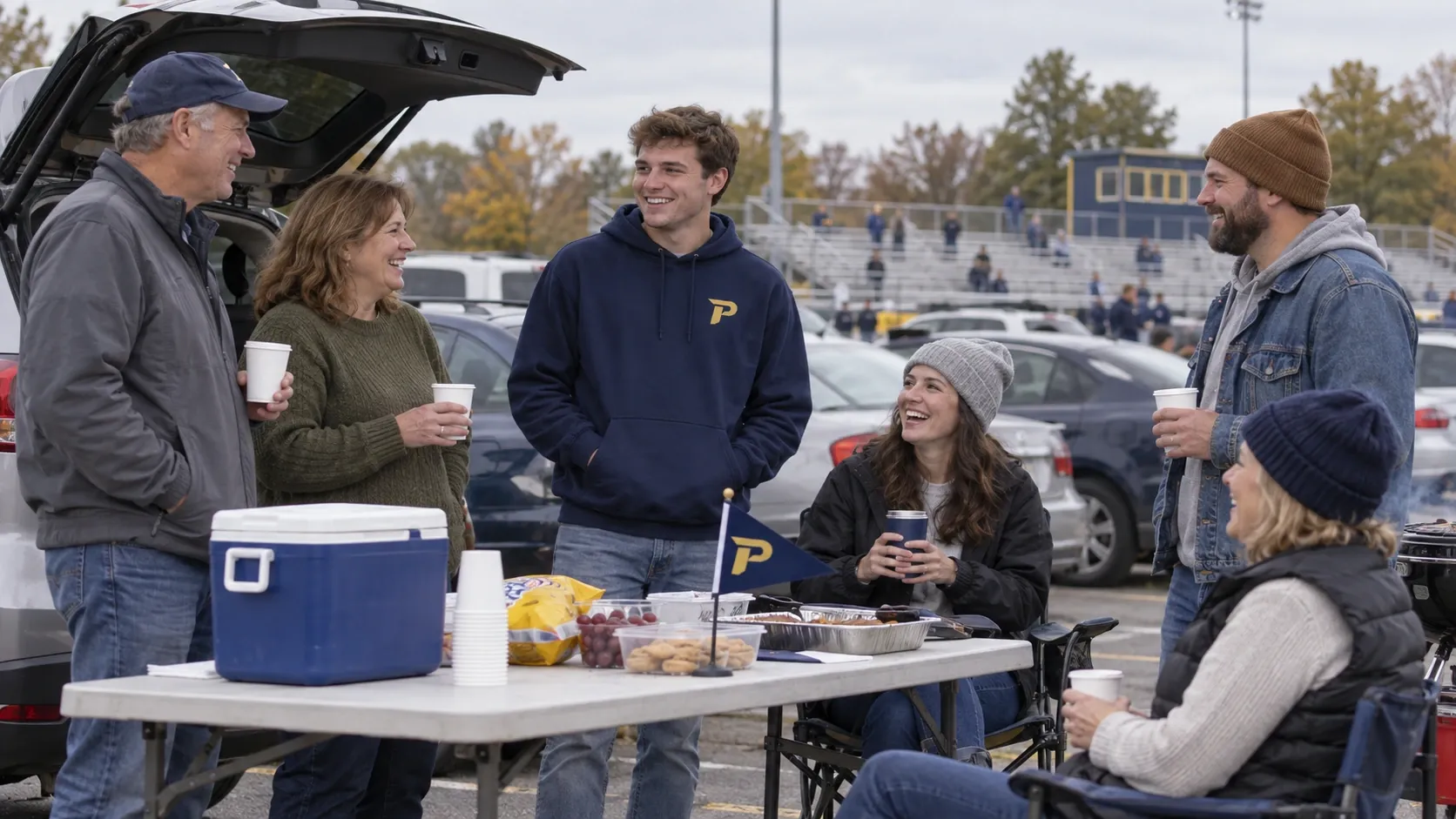 Students and families tailgating before a home game.