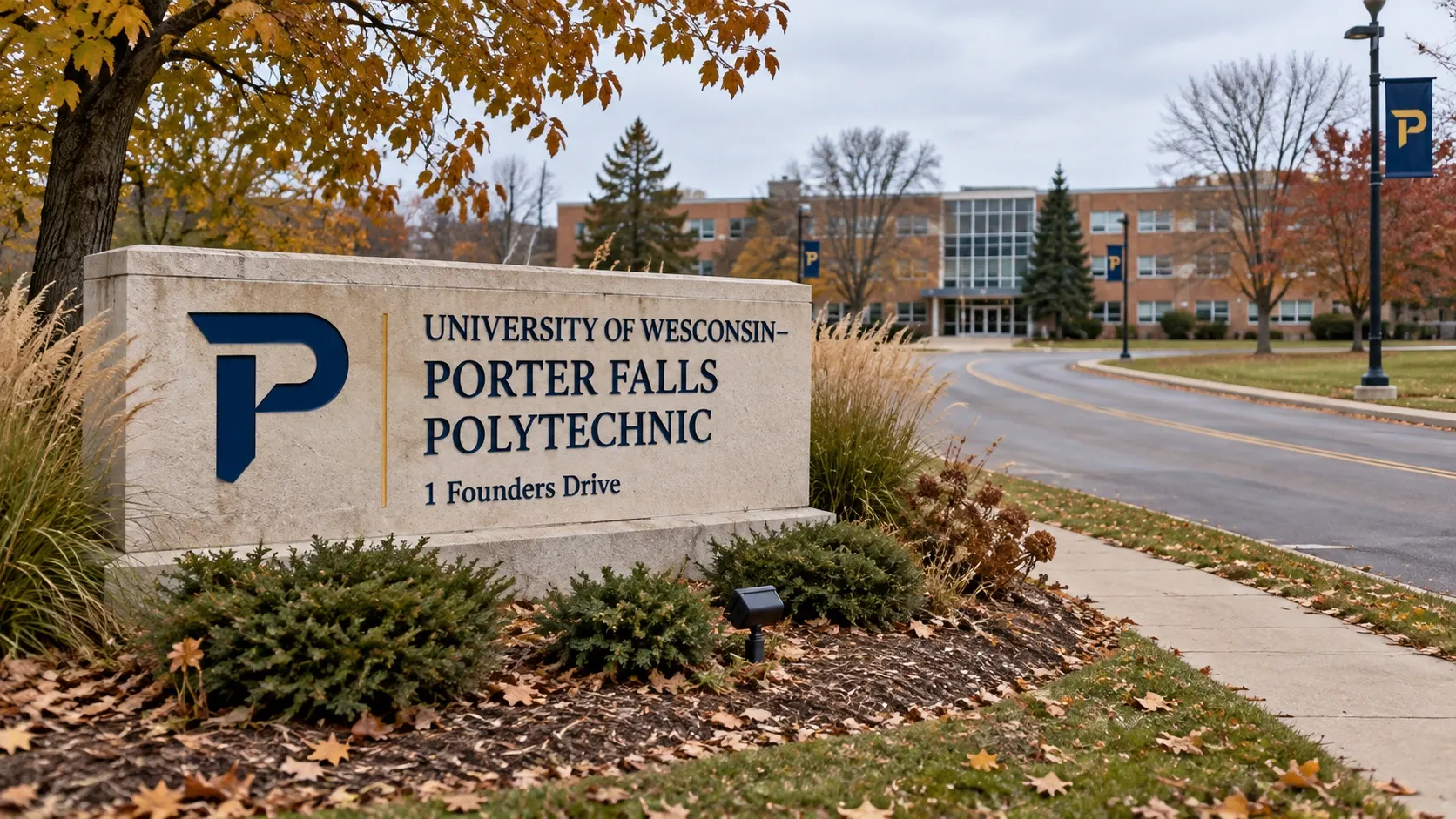 The carved stone campus entrance sign along University Drive.