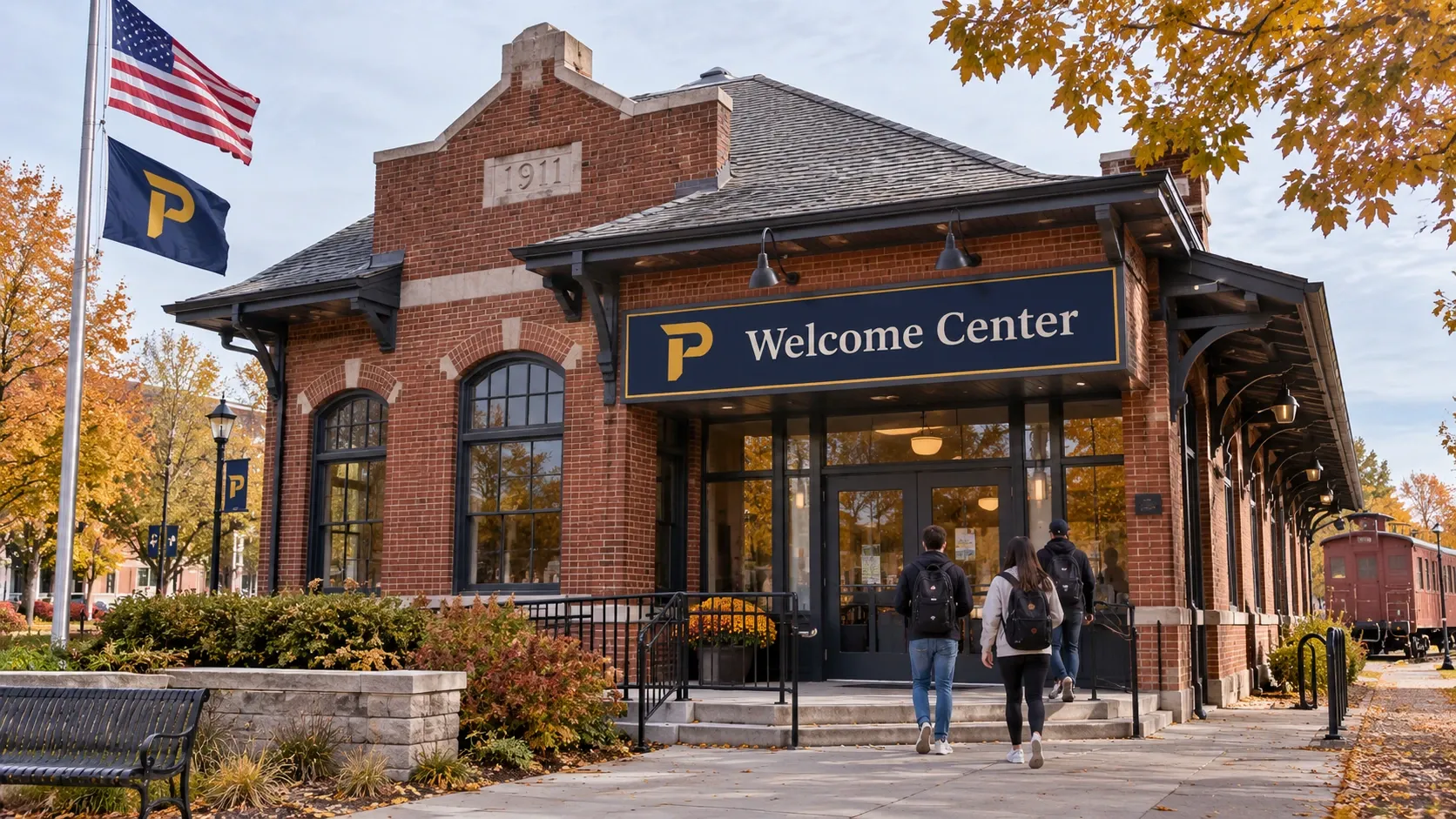 The Welcome Center, a restored brick depot building with a P monogram out front.
