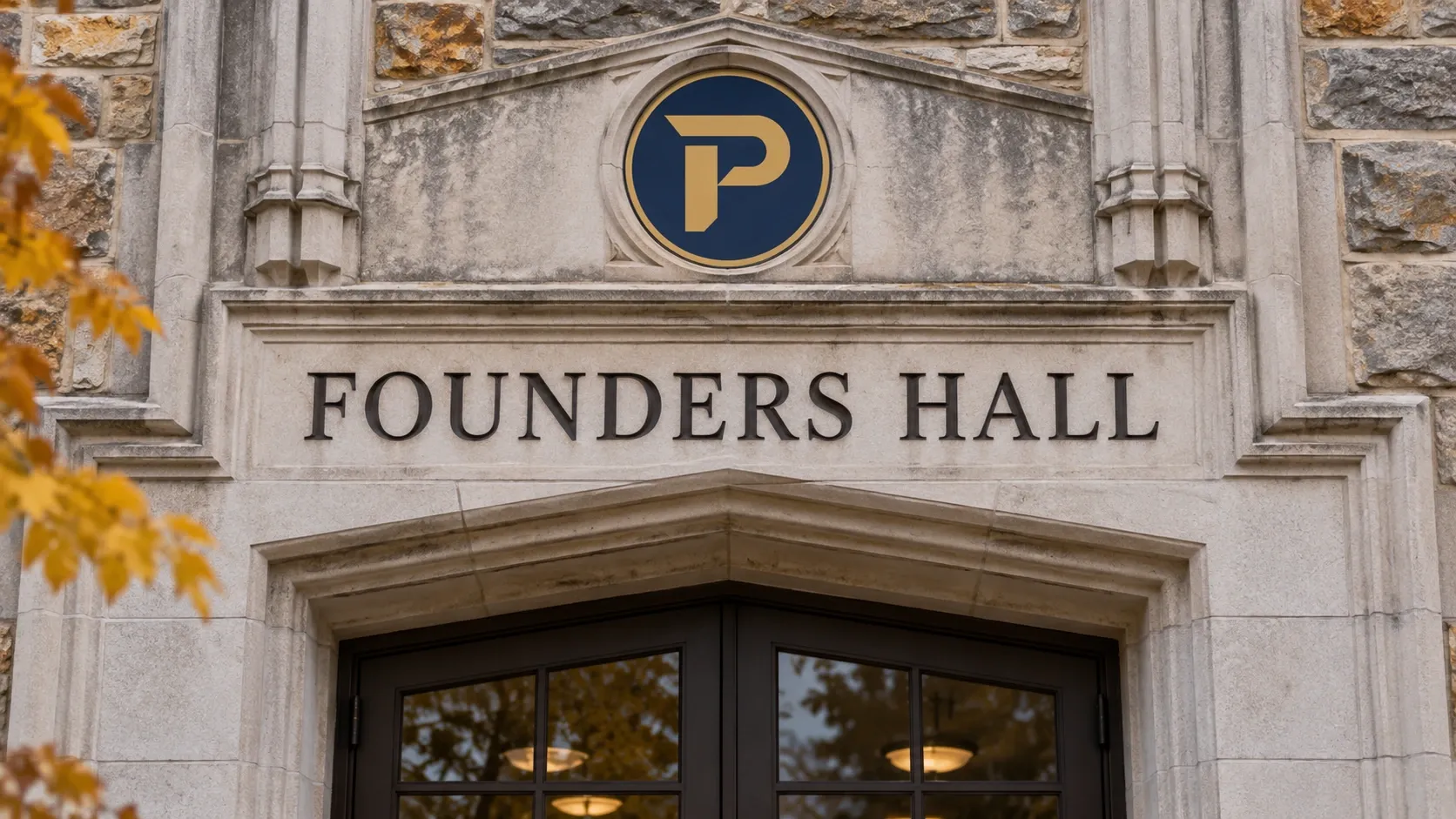The stone facade of Founders Hall with a carved P monogram above the entrance.