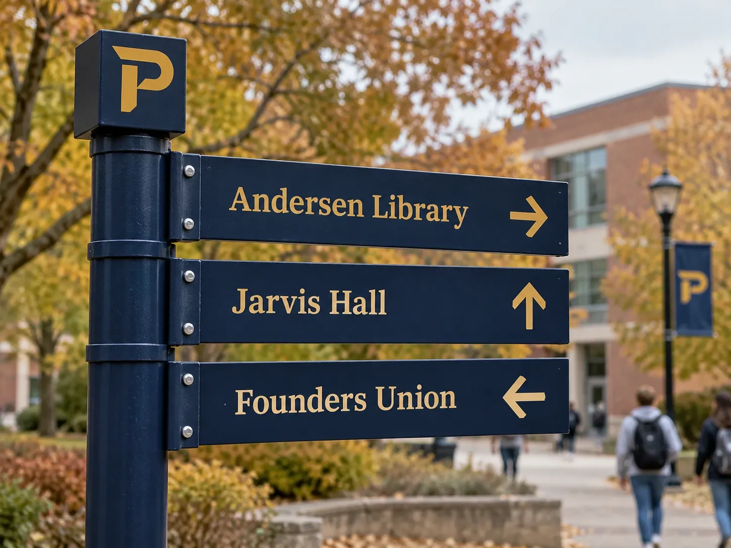 A campus directional sign pointing to Andersen Library, Jarvis Hall, and Founders Union.