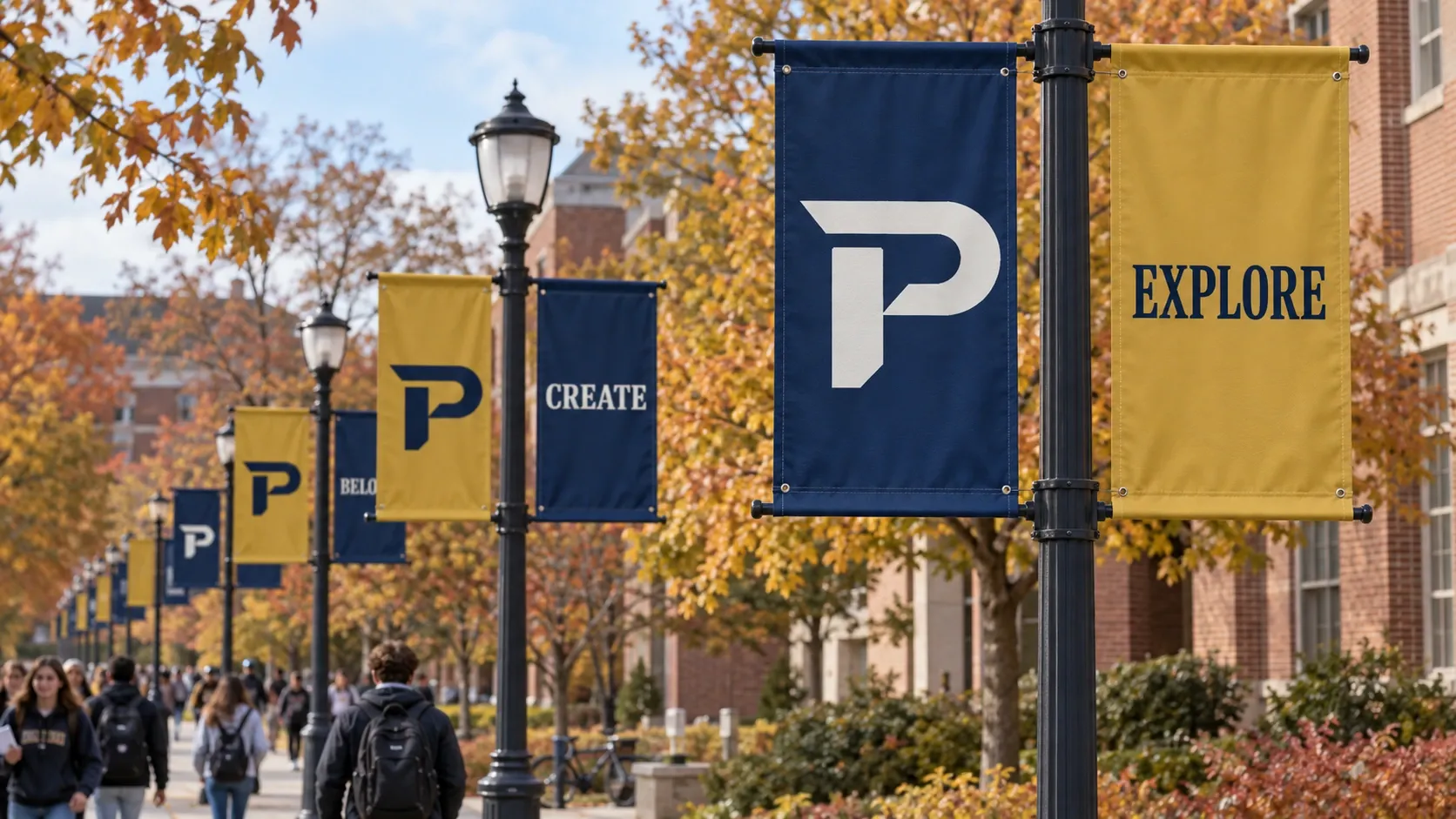 A campus walkway lined with lamp posts hung with navy and gold banners showing the gold P and the words Create and Explore, with autumn trees and students walking.