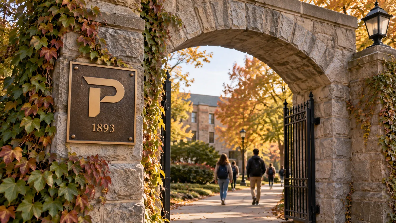A stone campus gate with a bronze P medallion and the founding year.