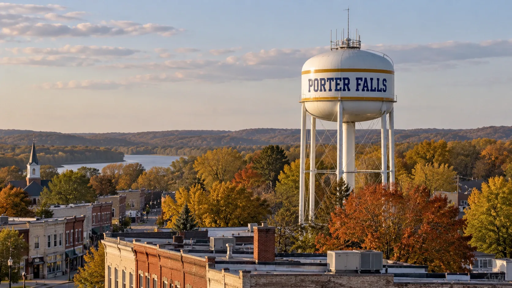 The Porter Falls water tower overlooking the town.