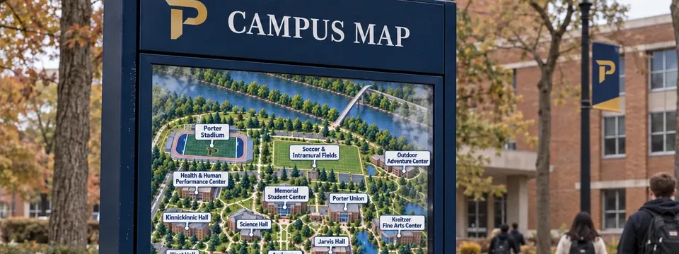 An outdoor campus map kiosk labeled with building names as students walk past.