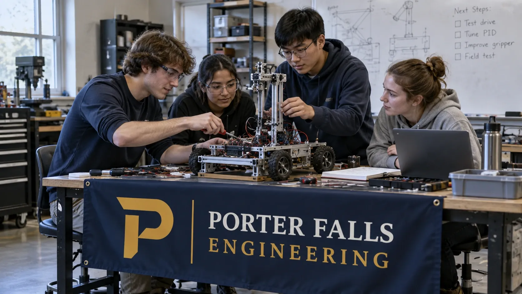 Engineering students working on a capstone project under a Porter Falls Engineering banner.