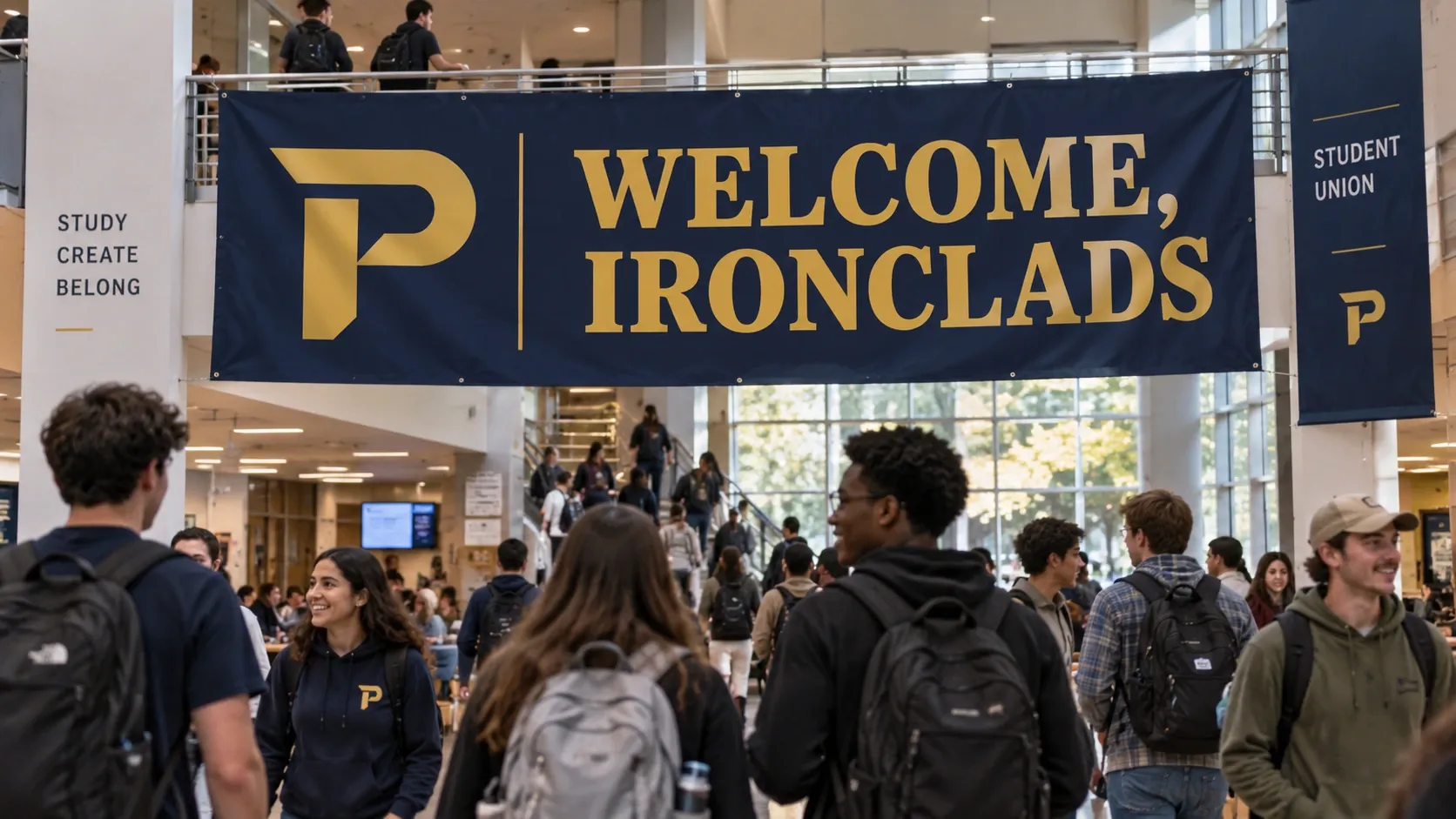 A Welcome, Ironclads banner hanging in the student union during orientation week.