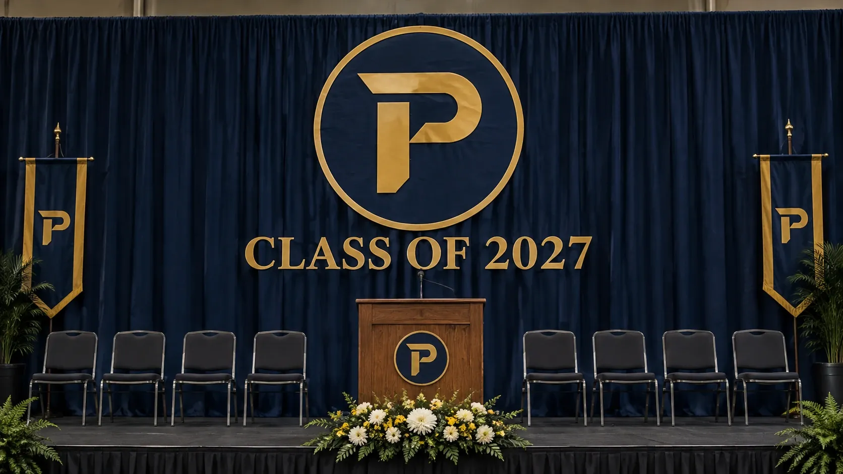The commencement stage backdrop reading Class of 2027.