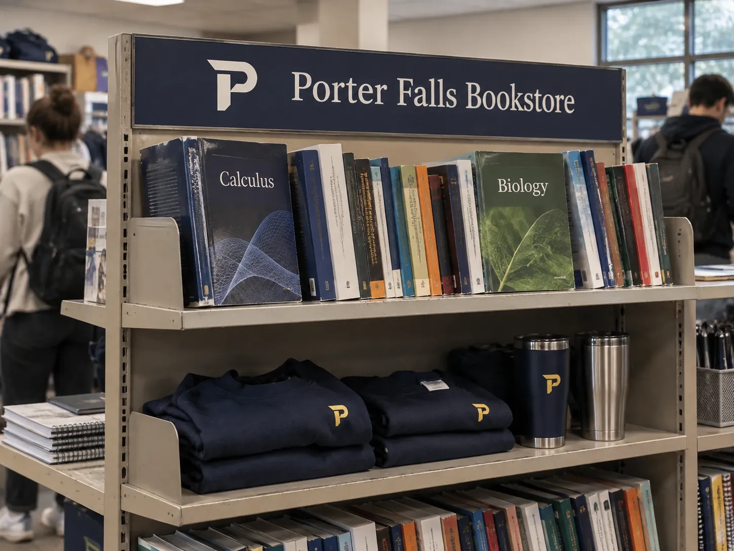 A campus store shelf display of textbooks and Porter Falls spirit wear.