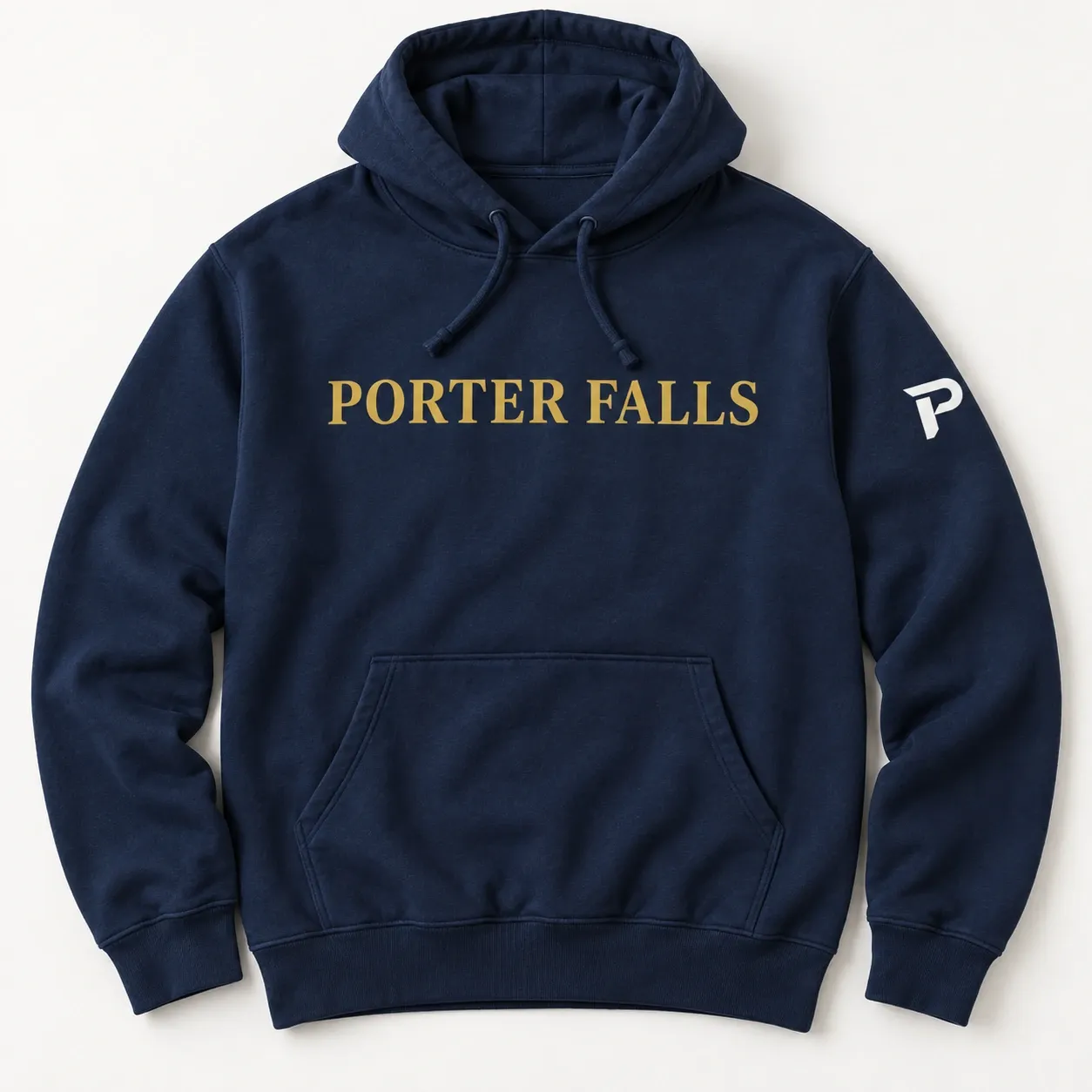 A navy Porter Falls hoodie with a small P monogram on the sleeve.