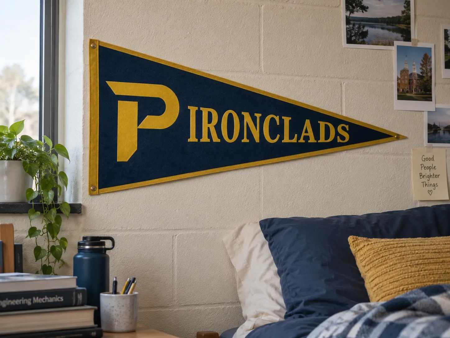 An Ironclads pennant hanging on a dorm room wall.