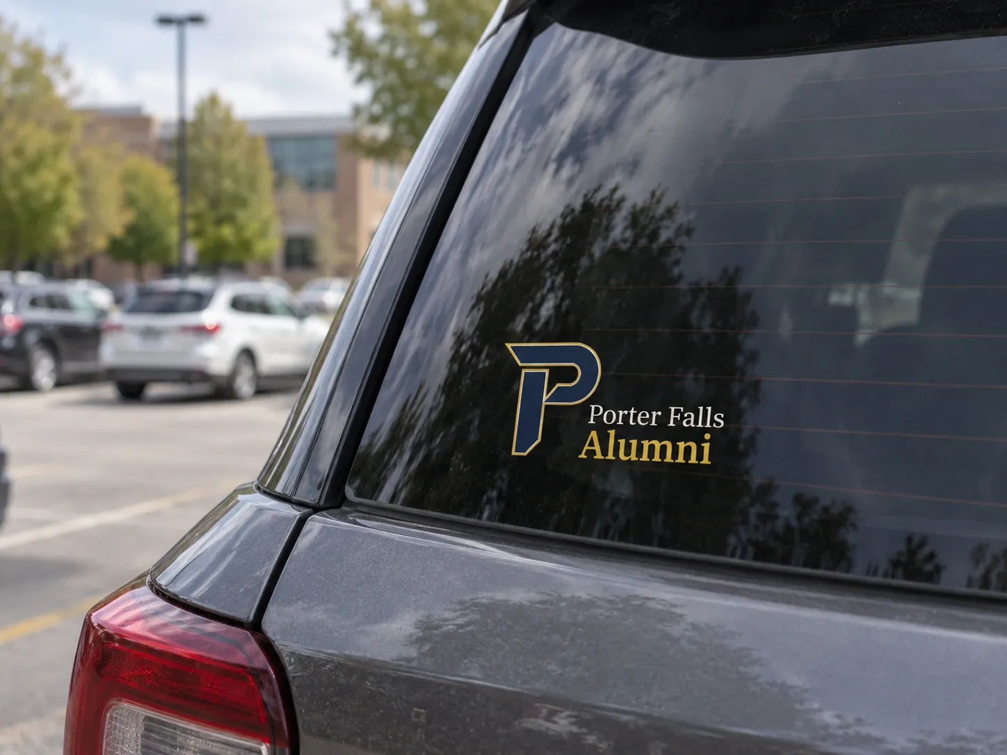 A Porter Falls Alumni decal on a car's rear window.