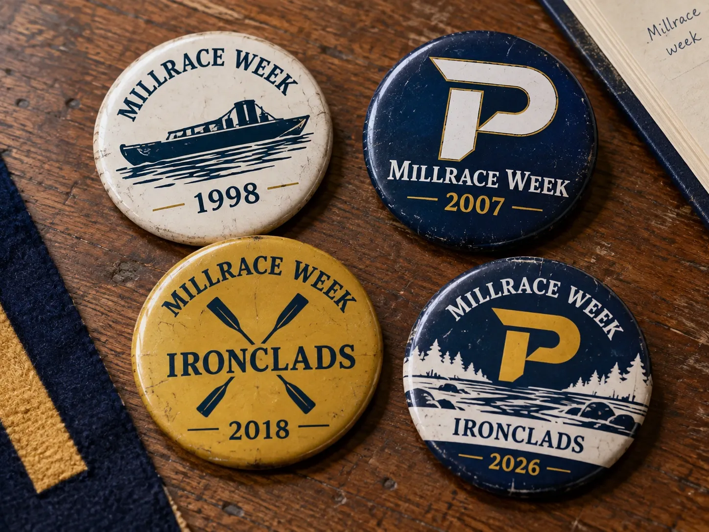 A collection of vintage-style Millrace Week pinback buttons from different years.