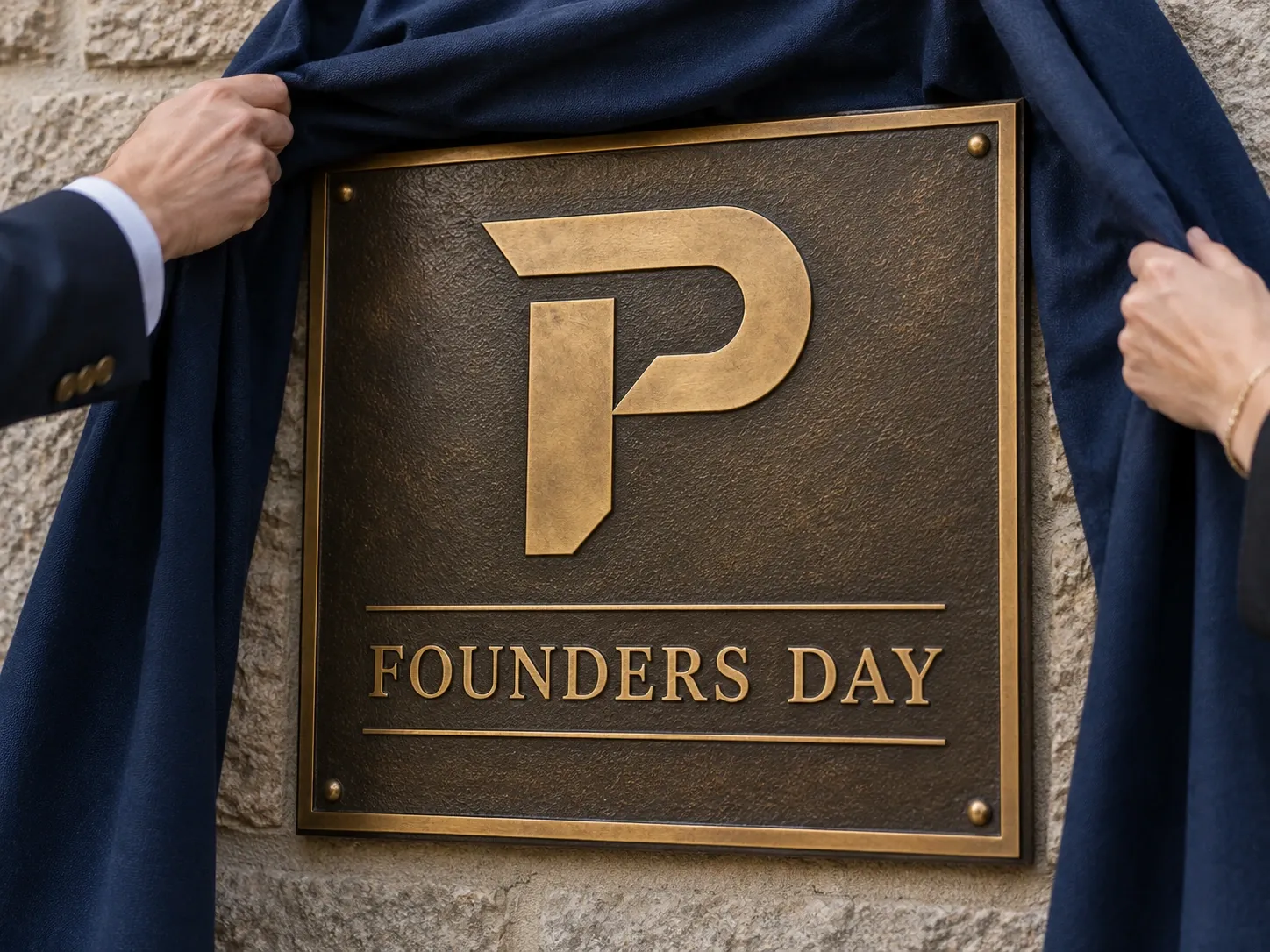 Two people pulling a navy cloth away from a bronze Founders Day plaque with a gold P mark on a stone wall.