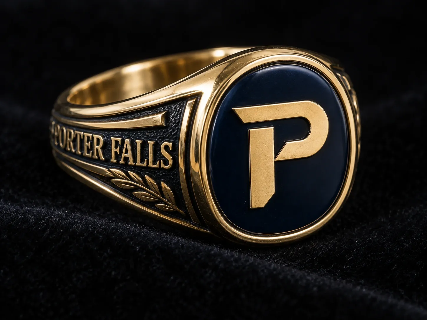 A gold class ring with a navy stone and the P monogram, engraved Porter Falls.