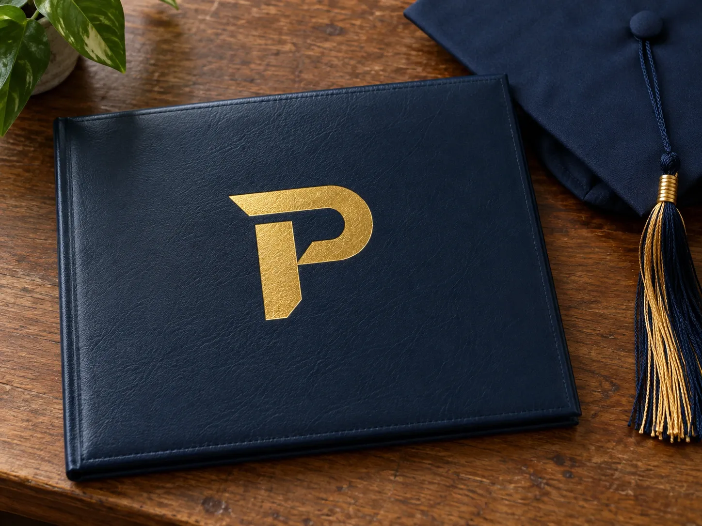 A navy leather diploma cover with a gold P monogram beside a graduation cap.