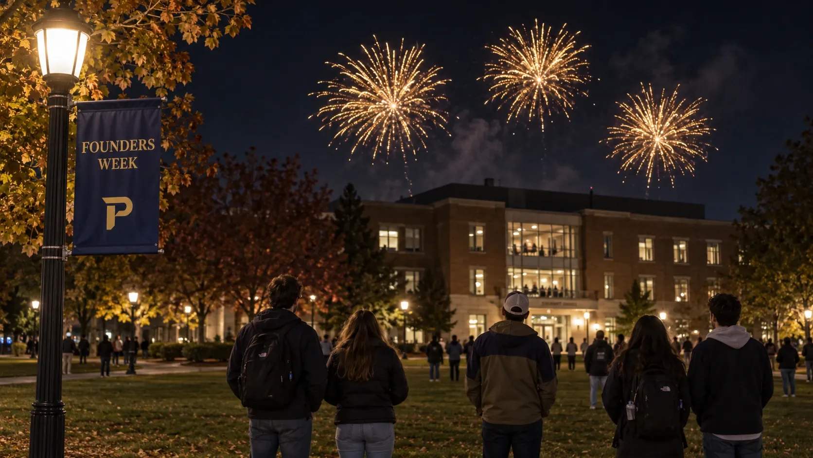Fireworks over campus during Millrace Week, watched from the main lawn.
