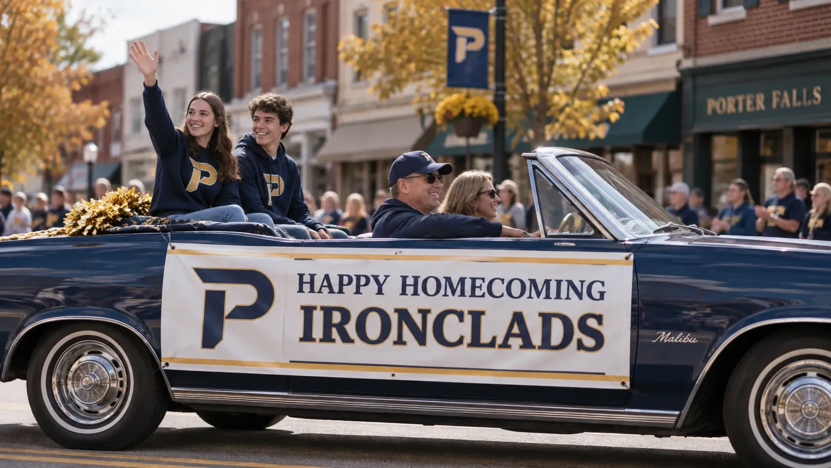 A convertible in the Millrace Week homecoming parade through downtown Porter Falls.