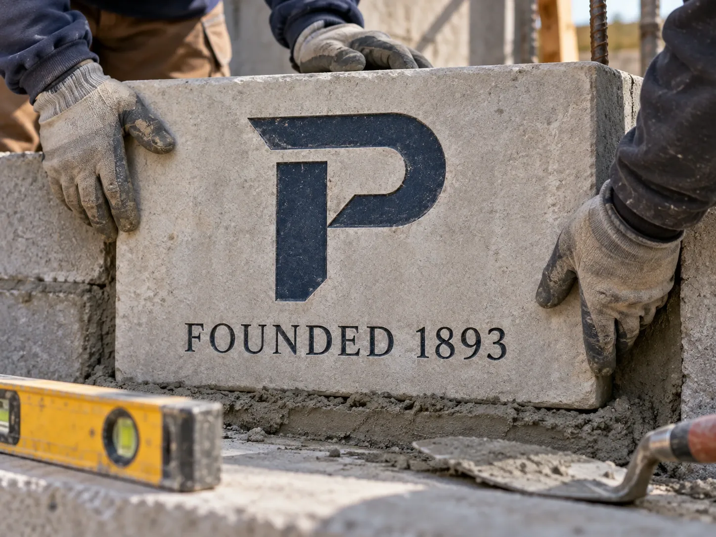 Two pairs of gloved hands setting a pale stone block carved with the navy P mark and the words FOUNDED 1893 into fresh mortar, with a yellow level and a trowel in the foreground.