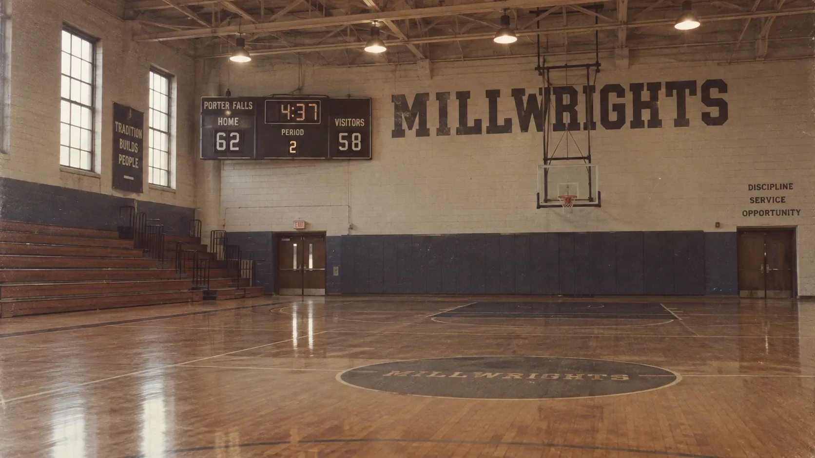 A black-and-white photo of the old Millwrights-era gymnasium.