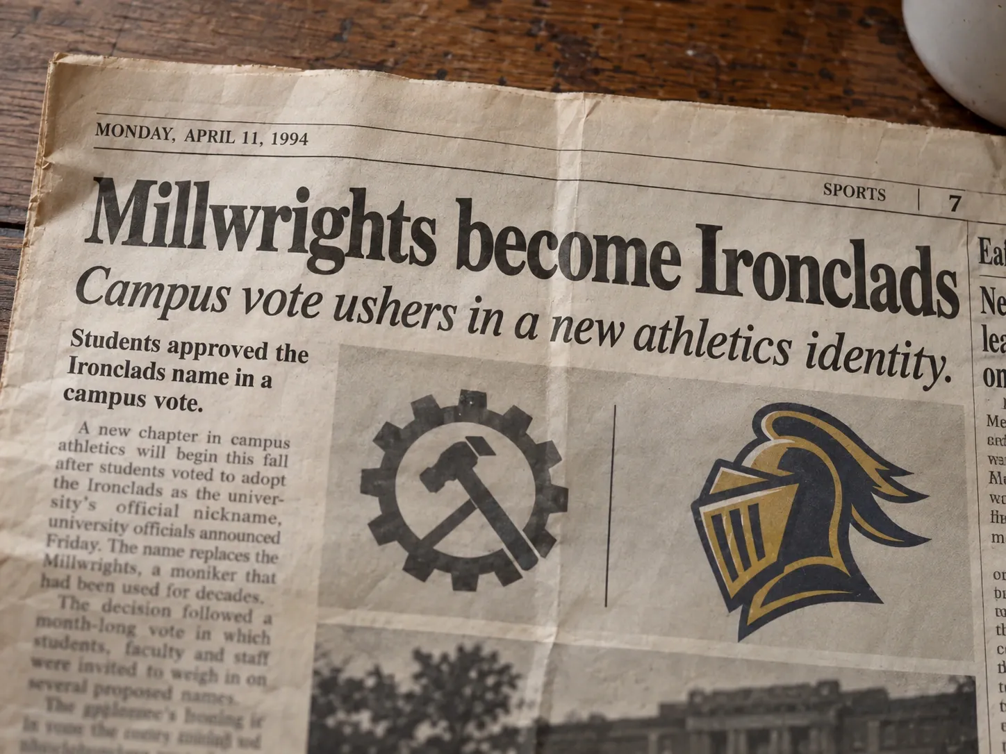 A 1994 campus newspaper clipping headlined Millwrights become Ironclads.