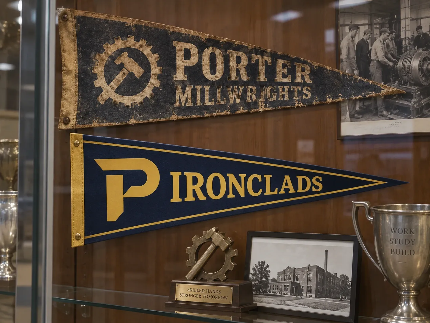 A faded Porter Millwrights pennant displayed beside a modern Ironclads pennant.