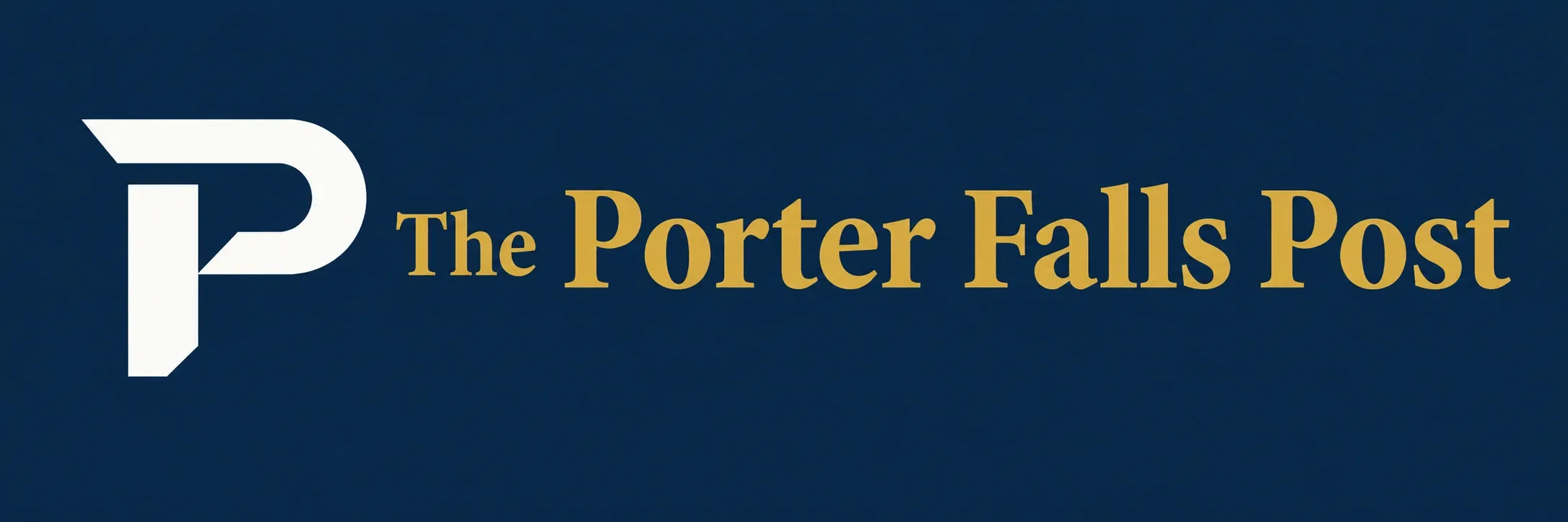 A navy banner with the white and gold P mark beside the words The Porter Falls Post in gold serif type.