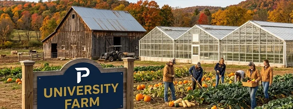 The University Farm sign in front of a barn, greenhouses, and students harvesting pumpkins and squash.