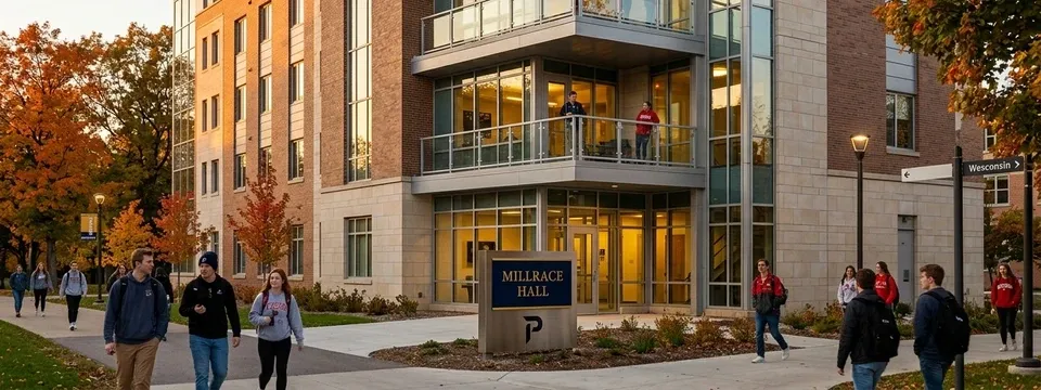 Students walking past Millrace Hall, a modern residence hall with balconies, in autumn.