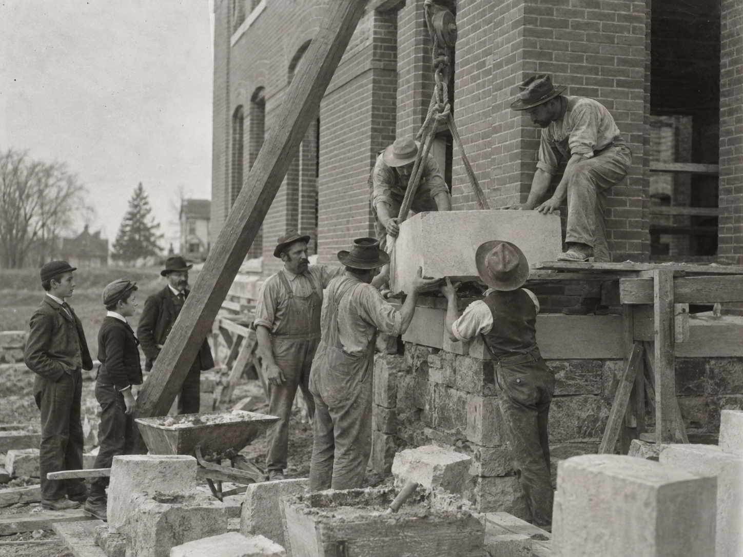 An archival-style photograph of workers setting a limestone cornerstone at the original training school.