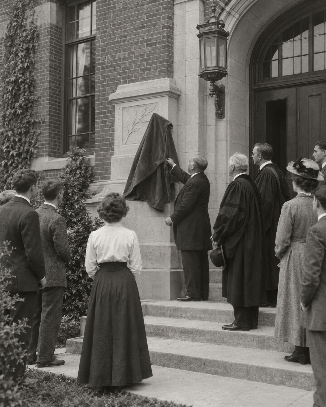 An archival-style photograph of the 1912 Founders Hall dedication outside the building entrance.
