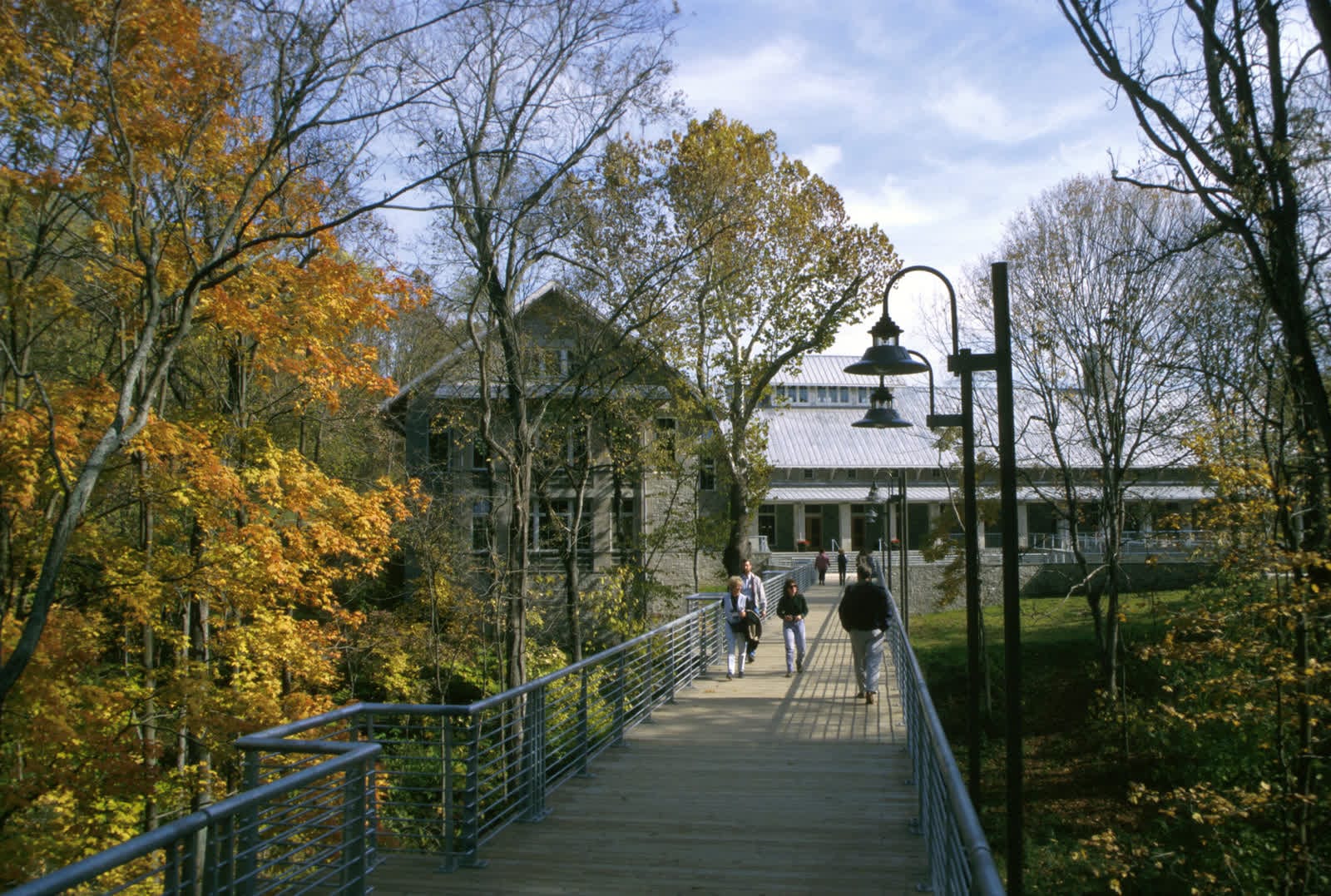 Students crossing a footbridge through autumn trees on campus.