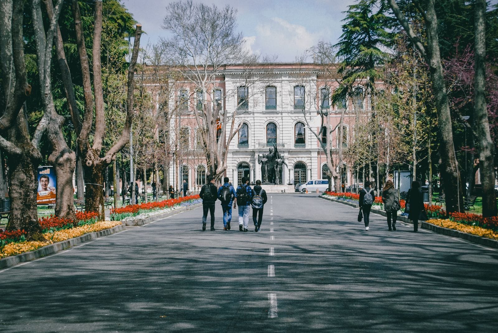 Students walking together across campus.